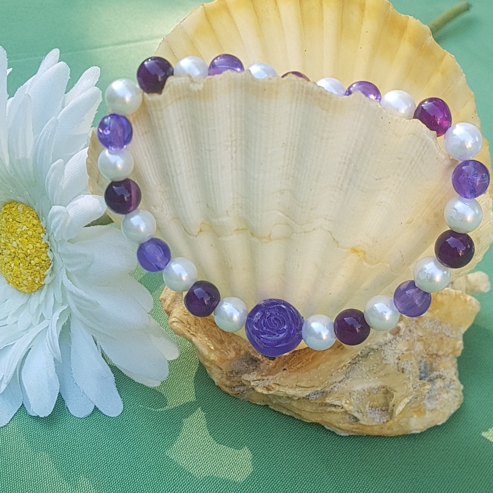 💜 Purple Rose Agate Pearl Bracelet